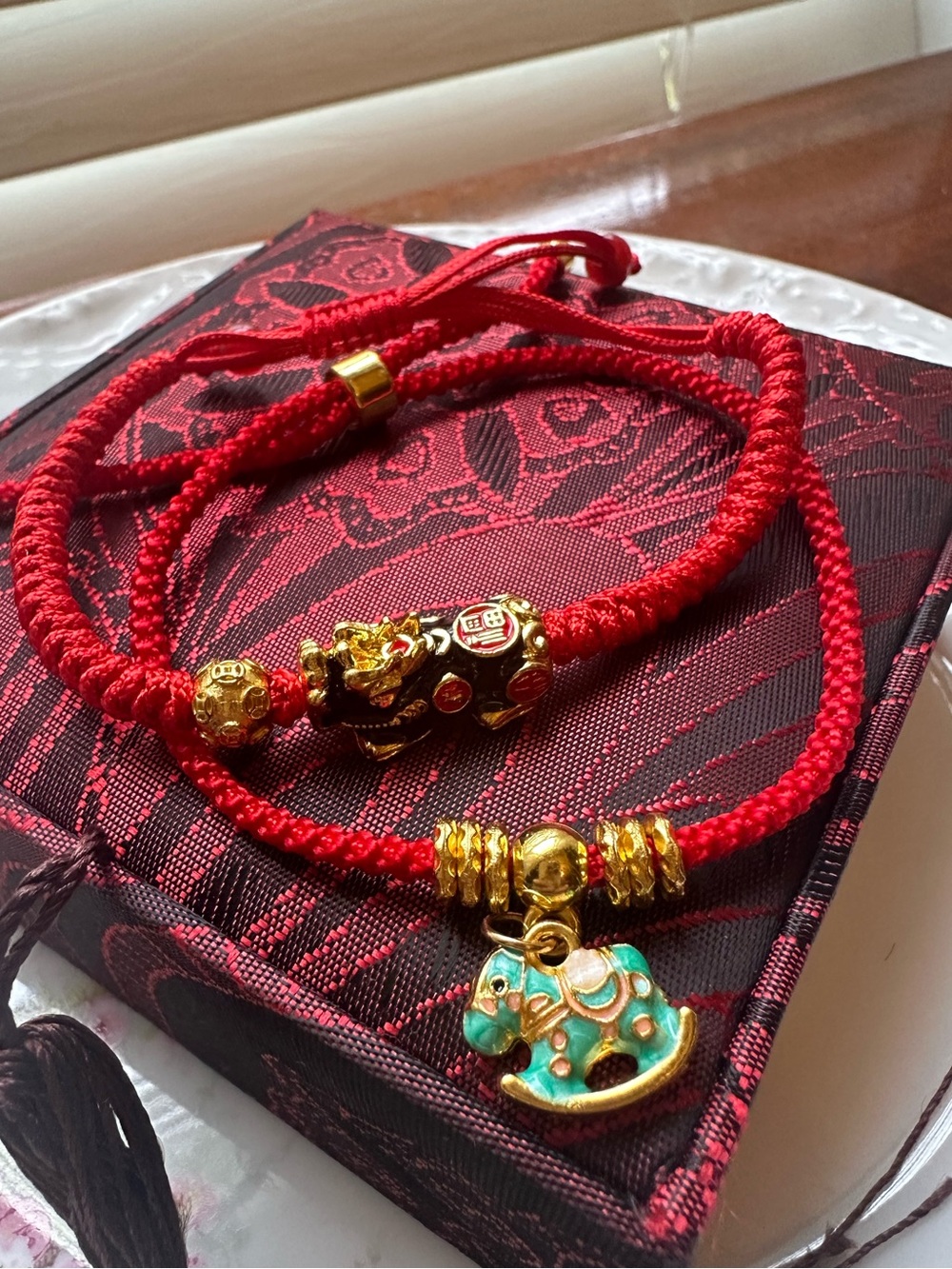 Set of 2 Lucky Red Braided String Bracelets – Pi Xiu & Enamel Rocking Horse Char